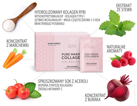 PURE - Termin ważności: 21.09.2026 r. - hydrolizowany kolagen rybi z naturalną witaminą C - różowa malina (30 porcji / 30 saszetek)