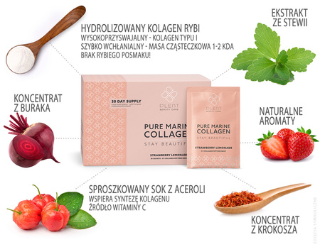 PURE - Termin ważności: 8.01.2027 r. - hydrolizowany kolagen rybi z naturalną witaminą C - truskawkowa lemoniada (30 porcji / 30 saszetek)